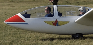 A view of LSC's G103 glider about to take off, showing the Freedom's Wings logo